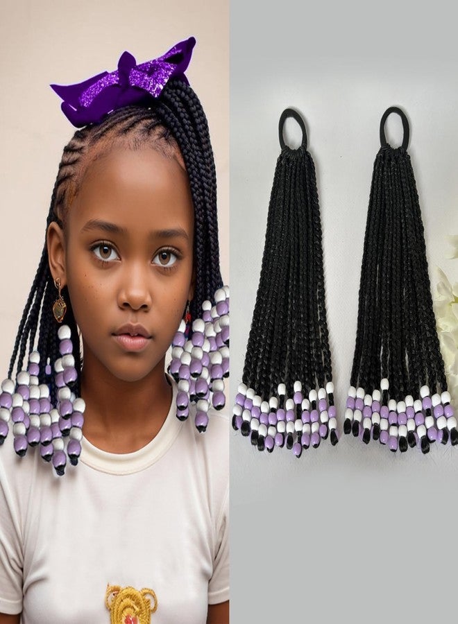 قطعتان من ذيل الحصان للأطفال مع خرز بطول 10 بوصات - تسريحات شعر ذيل الحصان المضفرة للفتيات الصغيرات، ضفائر لطيفة مع خرز، ذيل حصان للأطفال ذوات البشرة السمراء (خرز بنفسجي بطول 10 بوصات) - Image 1